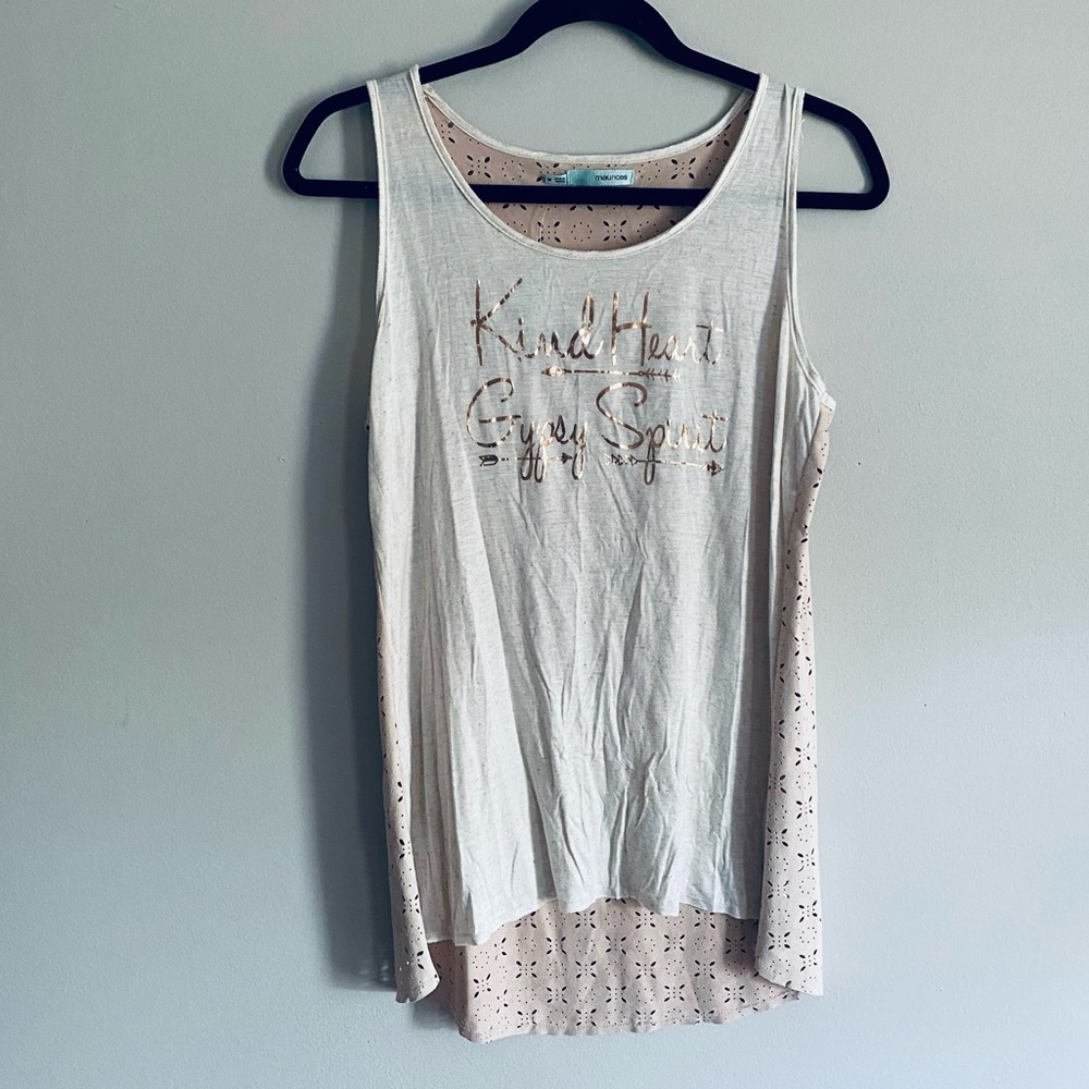 Maurices Women's Tan High Low Gypsy Spirit Graphic Tank Top Size Medium NWT